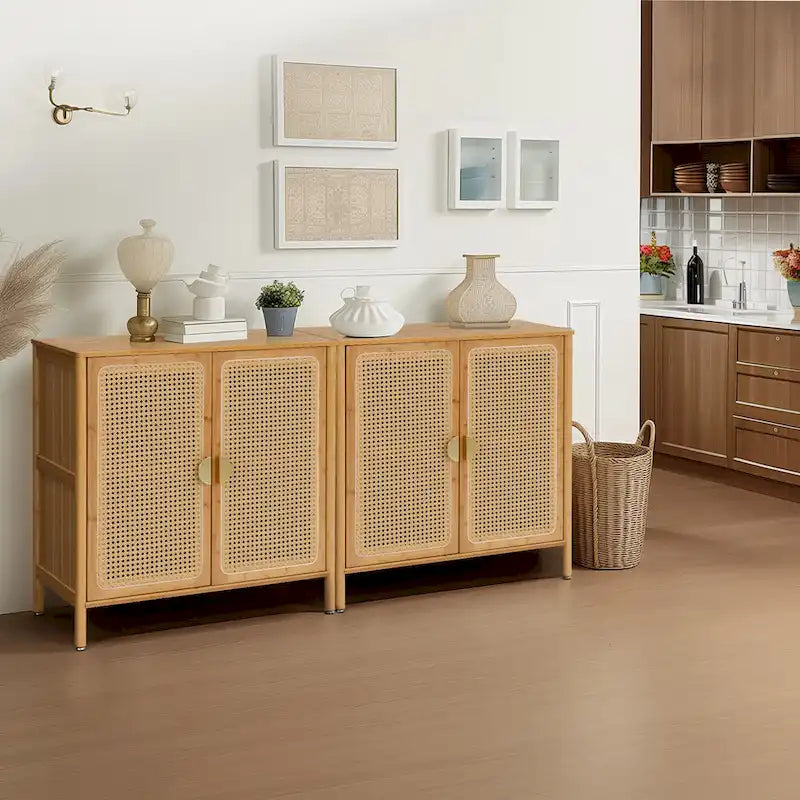 Natural Rattan BOHO Sideboard Buffet Cabinet – Bamboo & PE Rattan, Gold Handles, 1–2 Person Assembly