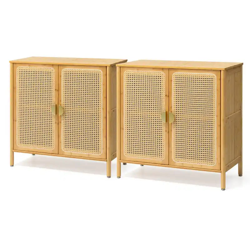 Natural Rattan BOHO Sideboard Buffet Cabinet – Bamboo & PE Rattan, Gold Handles, 1–2 Person Assembly