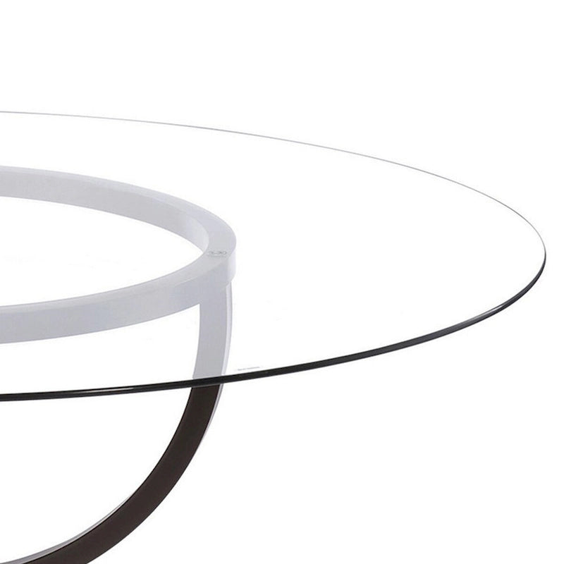 48" Round Glass Dining Table – Clear Top, Dark Gray Interlocking Ring Legs, Seats 4