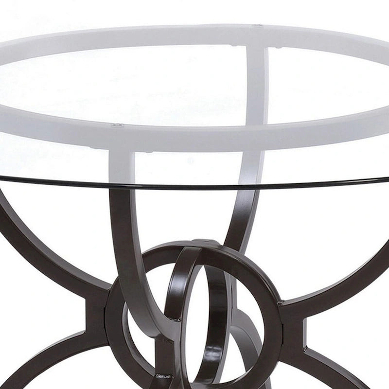 48" Round Glass Dining Table – Clear Top, Dark Gray Interlocking Ring Legs, Seats 4