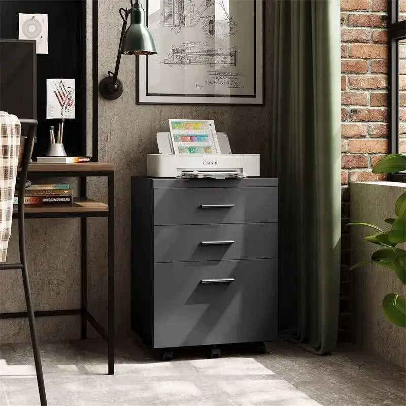 3-Drawer Rolling File Cabinet – Black / White / Walnut, Eco Wood, Contemporary Style, Single
