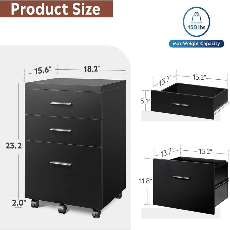 3-Drawer Rolling File Cabinet – Black / White / Walnut, Eco Wood, Contemporary Style, Single