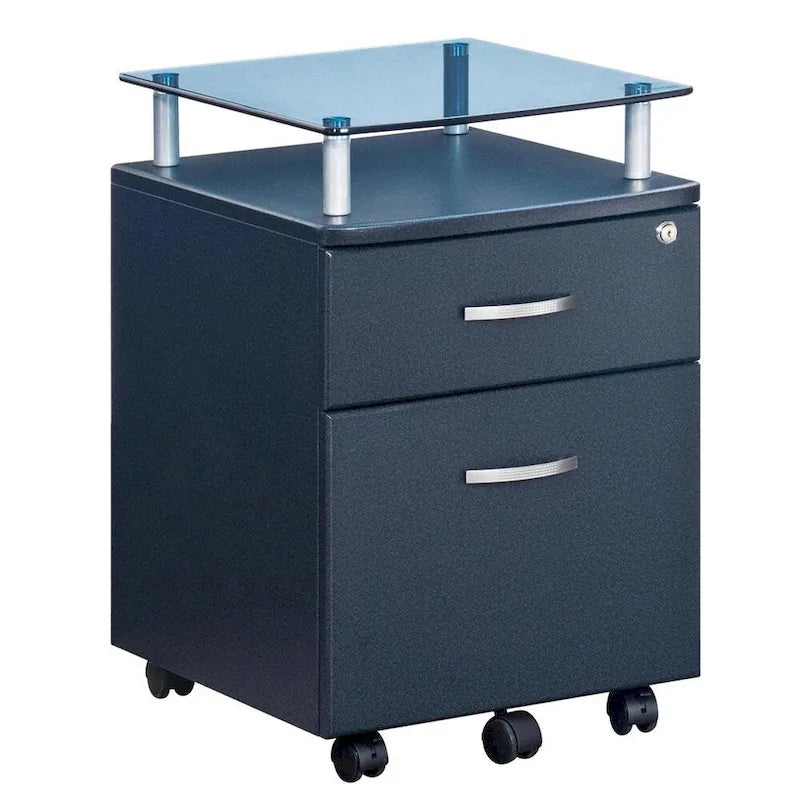 Glass Top Rolling File Cabinet – Graphite / Woodgrain / Grey, 2 Drawers, Locking Top, Contemporary Style, Single