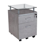 Glass Top Rolling File Cabinet – Graphite / Woodgrain / Grey, 2 Drawers, Locking Top, Contemporary Style, Single