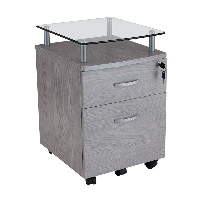 Glass Top Rolling File Cabinet – Graphite / Woodgrain / Grey, 2 Drawers, Locking Top, Contemporary Style, Single