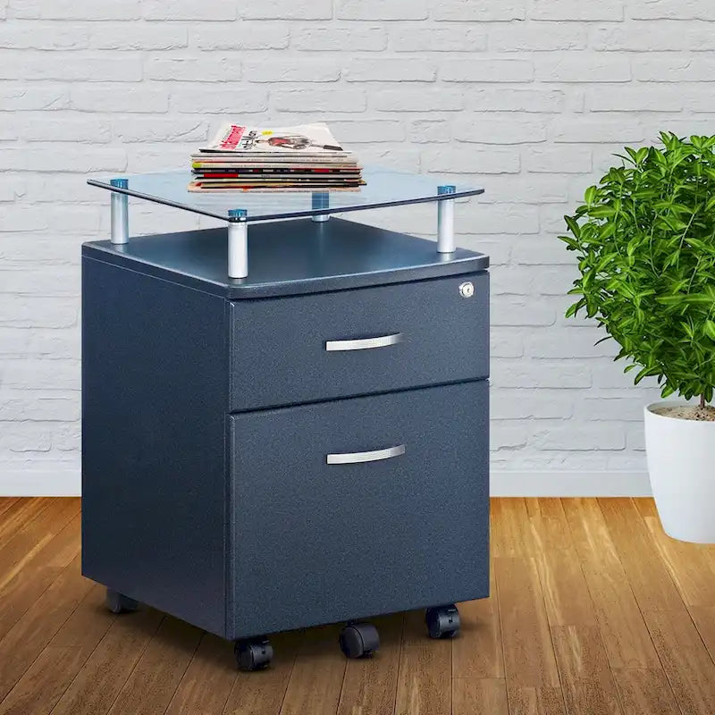 Glass Top Rolling File Cabinet – Graphite / Woodgrain / Grey, 2 Drawers, Locking Top, Contemporary Style, Single
