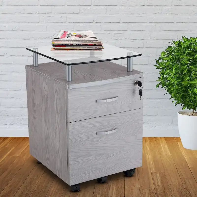 Glass Top Rolling File Cabinet – Graphite / Woodgrain / Grey, 2 Drawers, Locking Top, Contemporary Style, Single