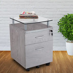 Glass Top Rolling File Cabinet – Graphite / Woodgrain / Grey, 2 Drawers, Locking Top, Contemporary Style, Single