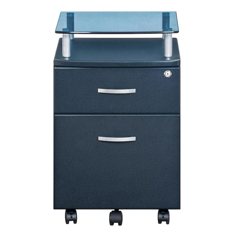 Glass Top Rolling File Cabinet – Graphite / Woodgrain / Grey, 2 Drawers, Locking Top, Contemporary Style, Single