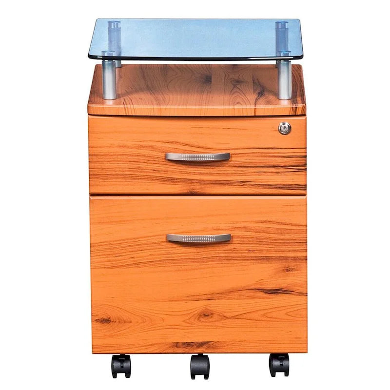 Glass Top Rolling File Cabinet – Graphite / Woodgrain / Grey, 2 Drawers, Locking Top, Contemporary Style, Single