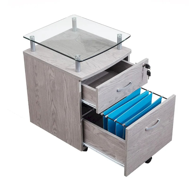 Glass Top Rolling File Cabinet – Graphite / Woodgrain / Grey, 2 Drawers, Locking Top, Contemporary Style, Single