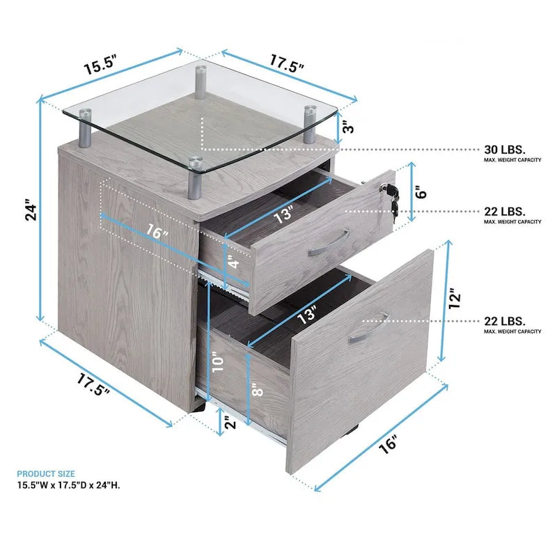 Glass Top Rolling File Cabinet – Graphite / Woodgrain / Grey, 2 Drawers, Locking Top, Contemporary Style, Single