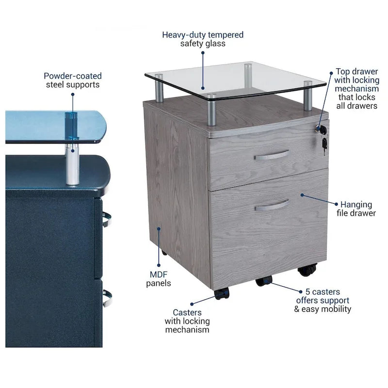 Glass Top Rolling File Cabinet – Graphite / Woodgrain / Grey, 2 Drawers, Locking Top, Contemporary Style, Single
