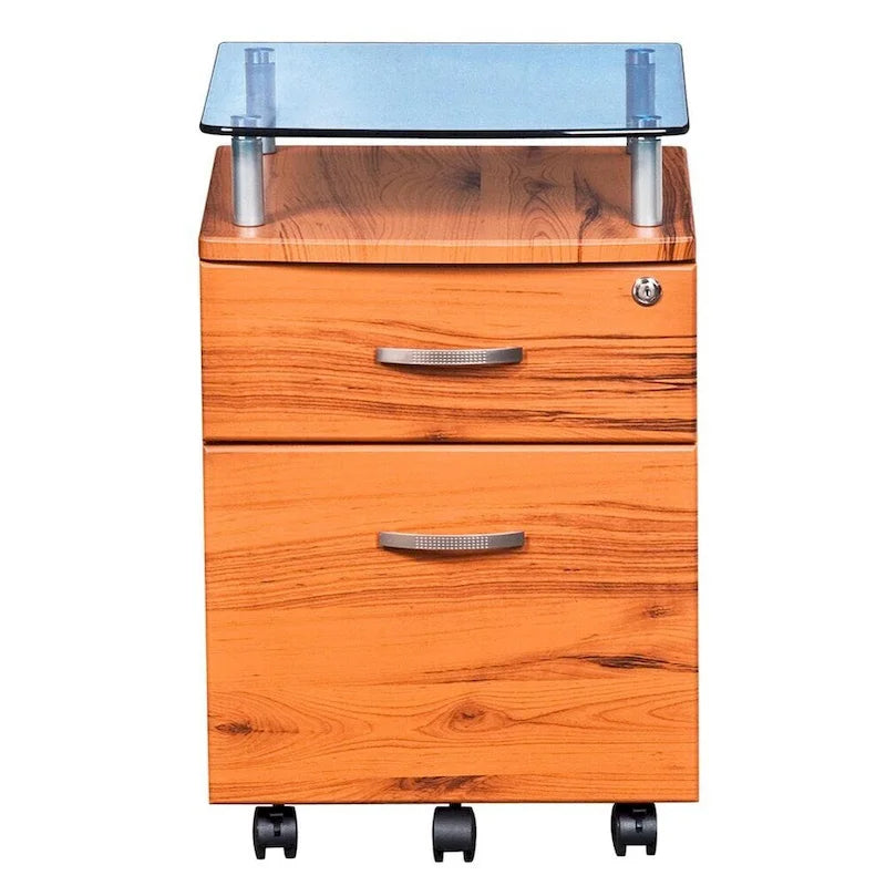 Glass Top Rolling File Cabinet – Graphite / Woodgrain / Grey, 2 Drawers, Locking Top, Contemporary Style, Single