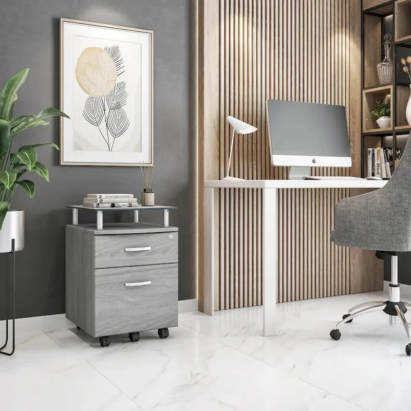 Glass Top Rolling File Cabinet – Graphite / Woodgrain / Grey, 2 Drawers, Locking Top, Contemporary Style, Single