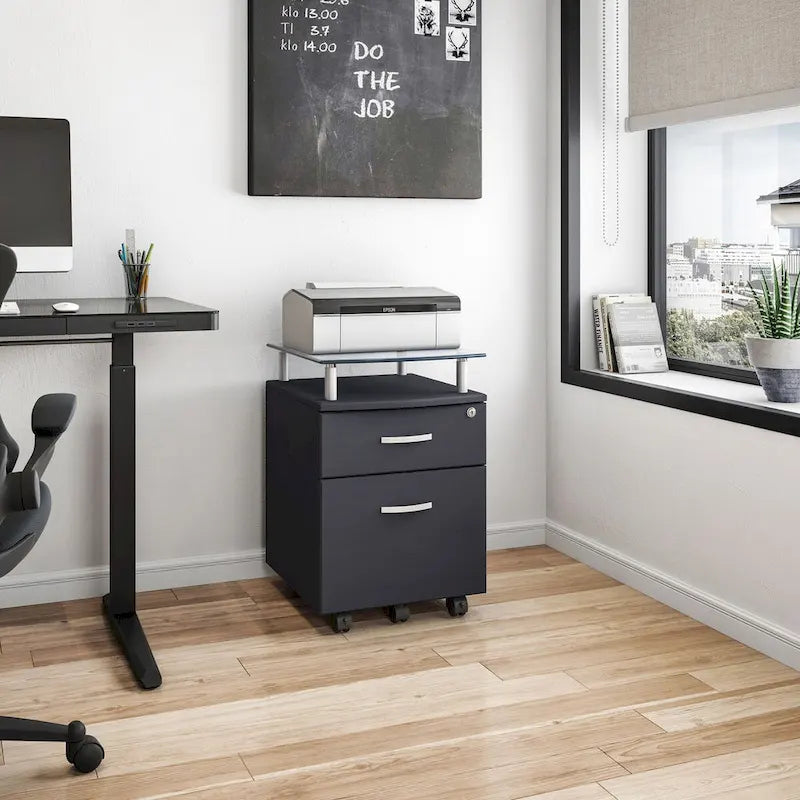 Glass Top Rolling File Cabinet – Graphite / Woodgrain / Grey, 2 Drawers, Locking Top, Contemporary Style, Single