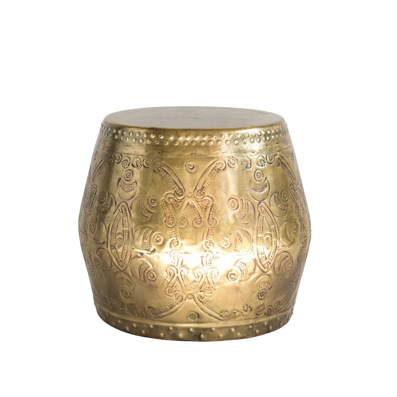 Debossed Metal Drum Side Table – Brass, Round, Modern Style, Single
