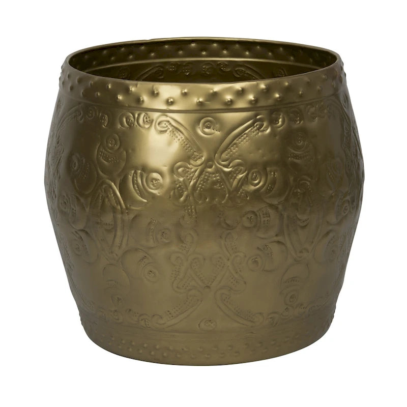 Debossed Metal Drum Side Table – Brass, Round, Modern Style, Single