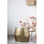 Debossed Metal Drum Side Table – Brass, Round, Modern Style, Single