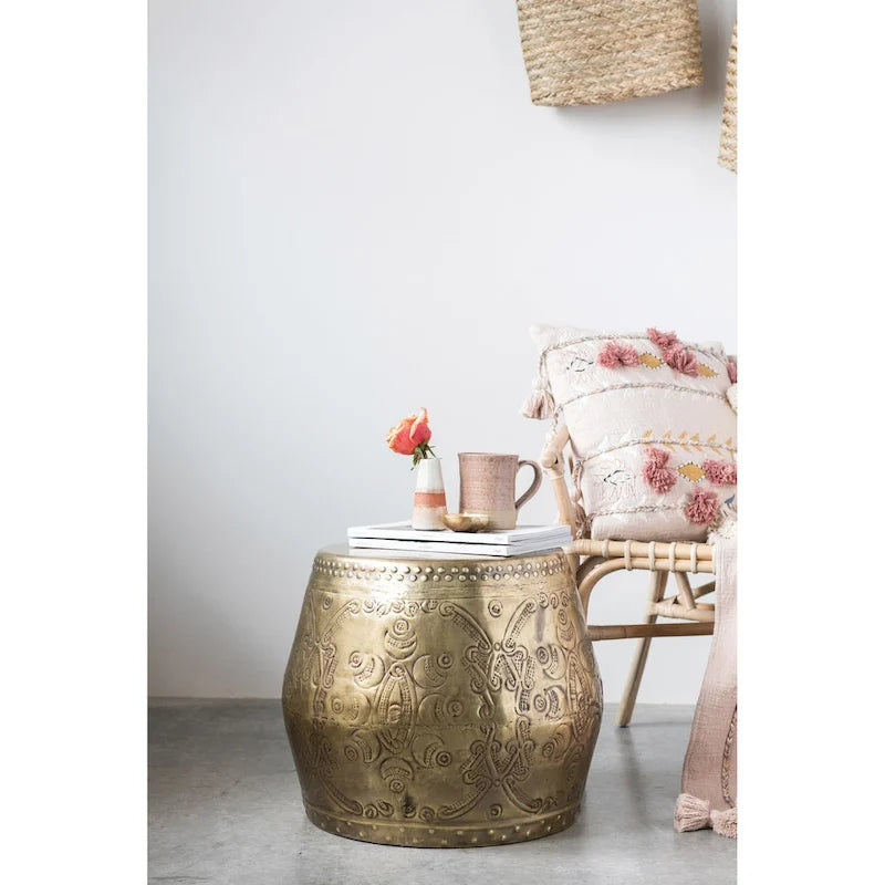 Debossed Metal Drum Side Table – Brass, Round, Modern Style, Single