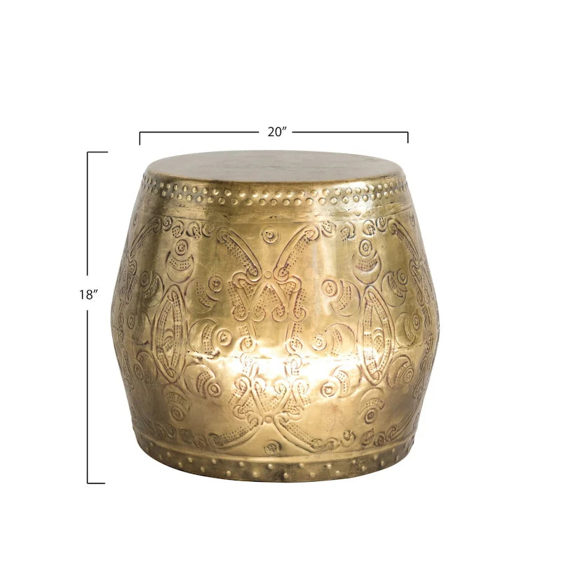 Debossed Metal Drum Side Table – Brass, Round, Modern Style, Single