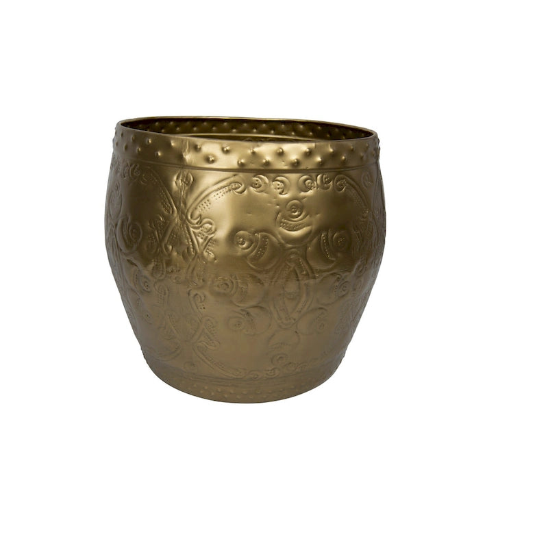 Debossed Metal Drum Side Table – Brass, Round, Modern Style, Single