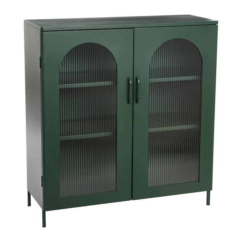 Metal Cabinet with 2 Arched Striated Glass Doors – Dark Green / Black, Modern Vintage Style, Single