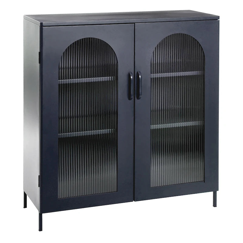 Metal Cabinet with 2 Arched Striated Glass Doors – Dark Green / Black, Modern Vintage Style, Single