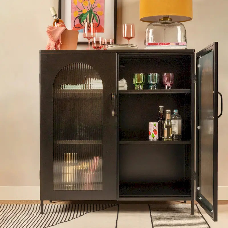 Metal Cabinet with 2 Arched Striated Glass Doors – Dark Green / Black, Modern Vintage Style, Single