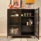 Metal Cabinet with 2 Arched Striated Glass Doors – Dark Green / Black, Modern Vintage Style, Single