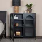 Metal Cabinet with 2 Arched Striated Glass Doors – Dark Green / Black, Modern Vintage Style, Single
