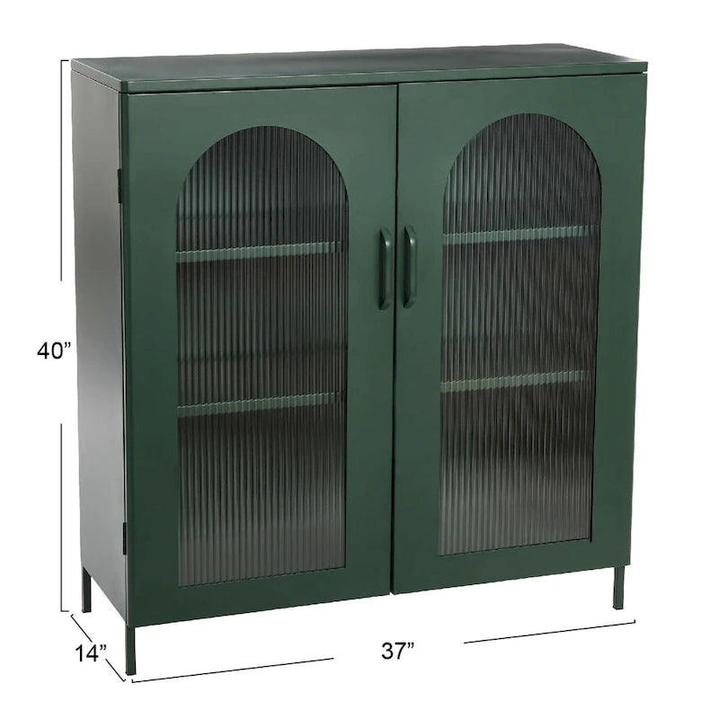 Metal Cabinet with 2 Arched Striated Glass Doors – Dark Green / Black, Modern Vintage Style, Single
