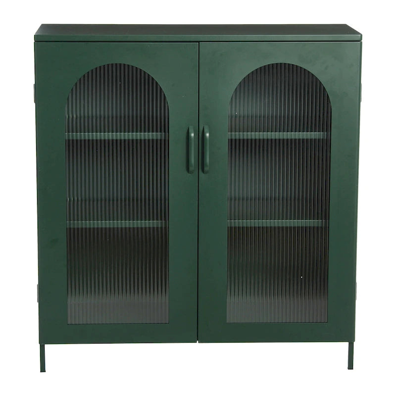 Metal Cabinet with 2 Arched Striated Glass Doors – Dark Green / Black, Modern Vintage Style, Single