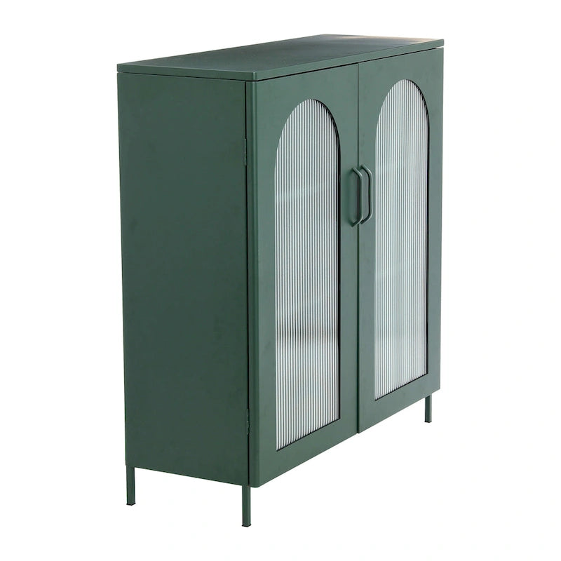 Metal Cabinet with 2 Arched Striated Glass Doors – Dark Green / Black, Modern Vintage Style, Single