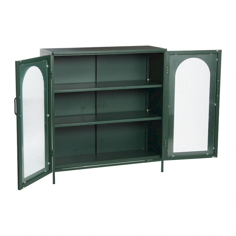 Metal Cabinet with 2 Arched Striated Glass Doors – Dark Green / Black, Modern Vintage Style, Single