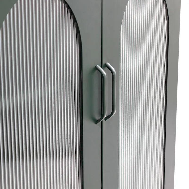 Metal Cabinet with 2 Arched Striated Glass Doors – Dark Green / Black, Modern Vintage Style, Single