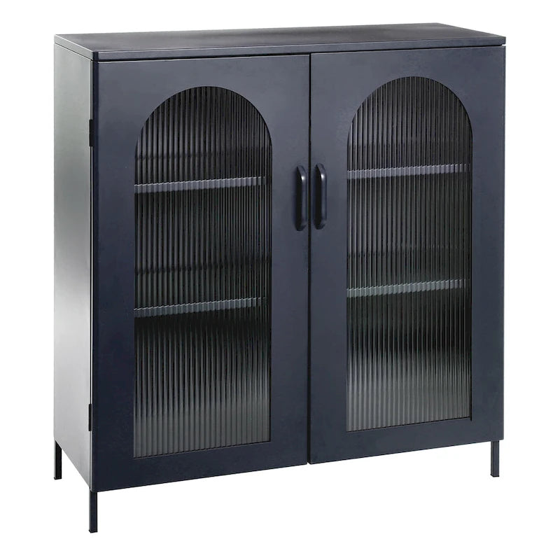 Metal Cabinet with 2 Arched Striated Glass Doors – Dark Green / Black, Modern Vintage Style, Single