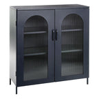 Metal Cabinet with 2 Arched Striated Glass Doors – Dark Green / Black, Modern Vintage Style, Single
