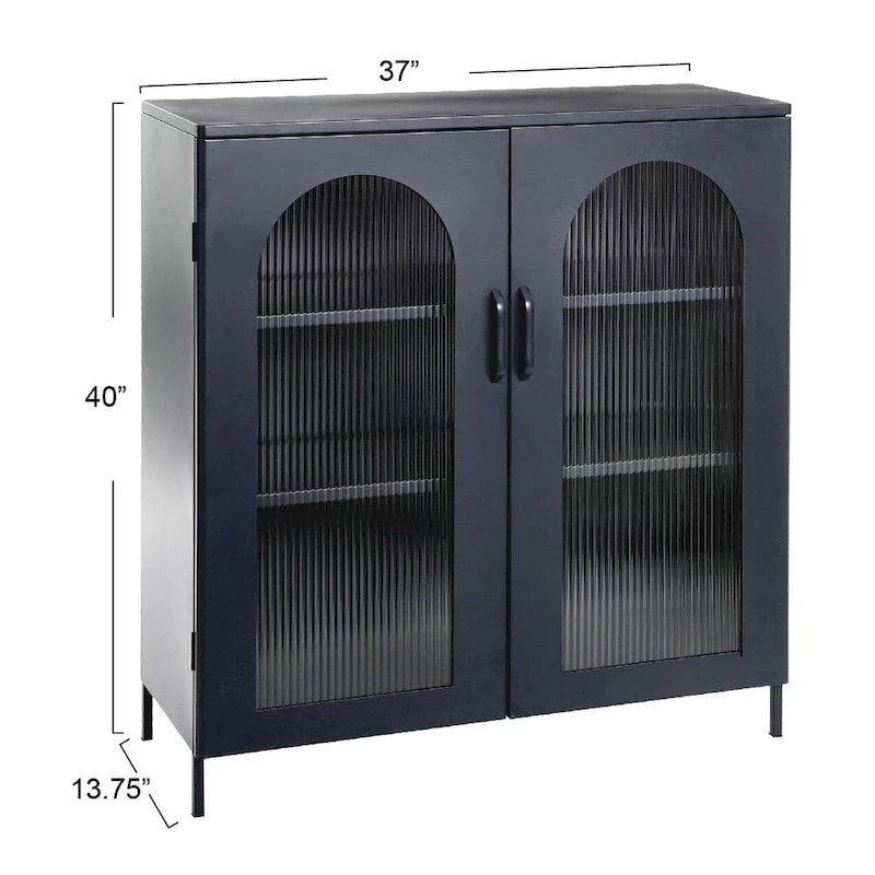 Metal Cabinet with 2 Arched Striated Glass Doors – Dark Green / Black, Modern Vintage Style, Single