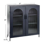 Metal Cabinet with 2 Arched Striated Glass Doors – Dark Green / Black, Modern Vintage Style, Single