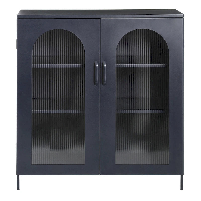 Metal Cabinet with 2 Arched Striated Glass Doors – Dark Green / Black, Modern Vintage Style, Single