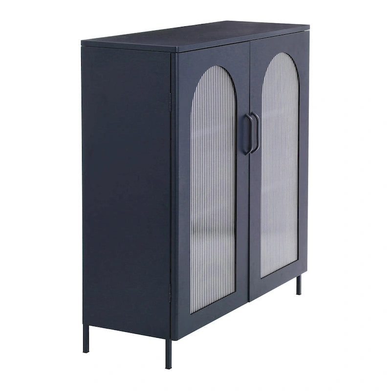 Metal Cabinet with 2 Arched Striated Glass Doors – Dark Green / Black, Modern Vintage Style, Single