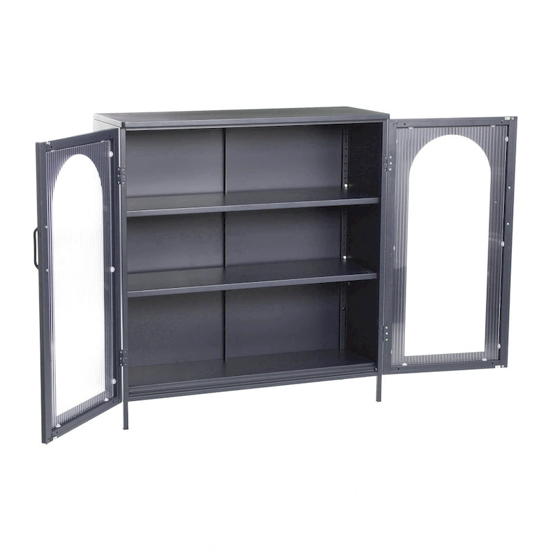Metal Cabinet with 2 Arched Striated Glass Doors – Dark Green / Black, Modern Vintage Style, Single