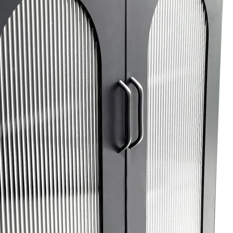 Metal Cabinet with 2 Arched Striated Glass Doors – Dark Green / Black, Modern Vintage Style, Single