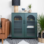 Metal Cabinet with 2 Arched Striated Glass Doors – Dark Green / Black, Modern Vintage Style, Single