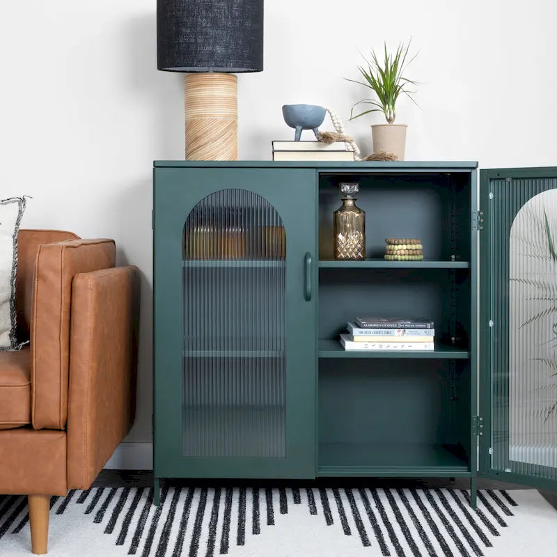 Metal Cabinet with 2 Arched Striated Glass Doors – Dark Green / Black, Modern Vintage Style, Single