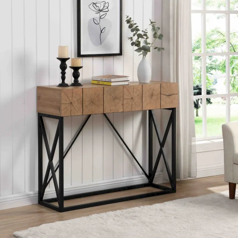 43" Industrial Console Table – Natural Wood Grain, Metal Frame, 2 Drawers, Single