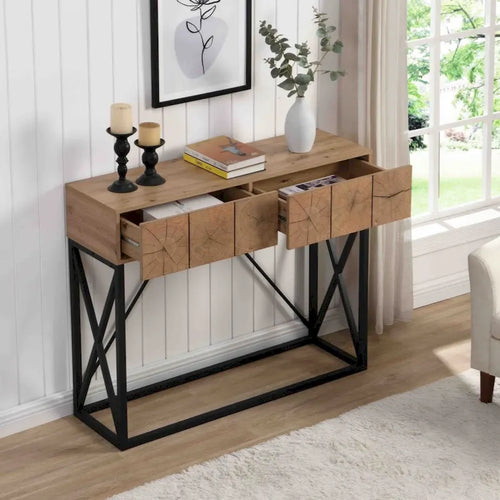 43" Industrial Console Table – Natural Wood Grain, Metal Frame, 2 Drawers, Single