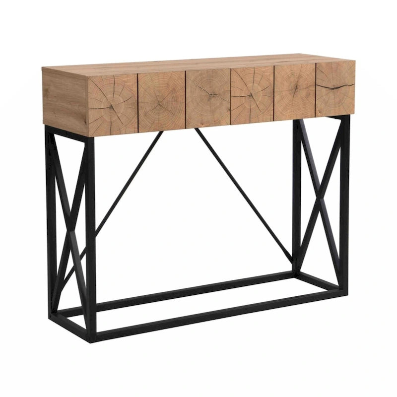 43" Industrial Console Table – Natural Wood Grain, Metal Frame, 2 Drawers, Single