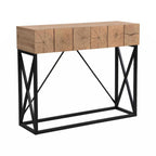 43" Industrial Console Table – Natural Wood Grain, Metal Frame, 2 Drawers, Single